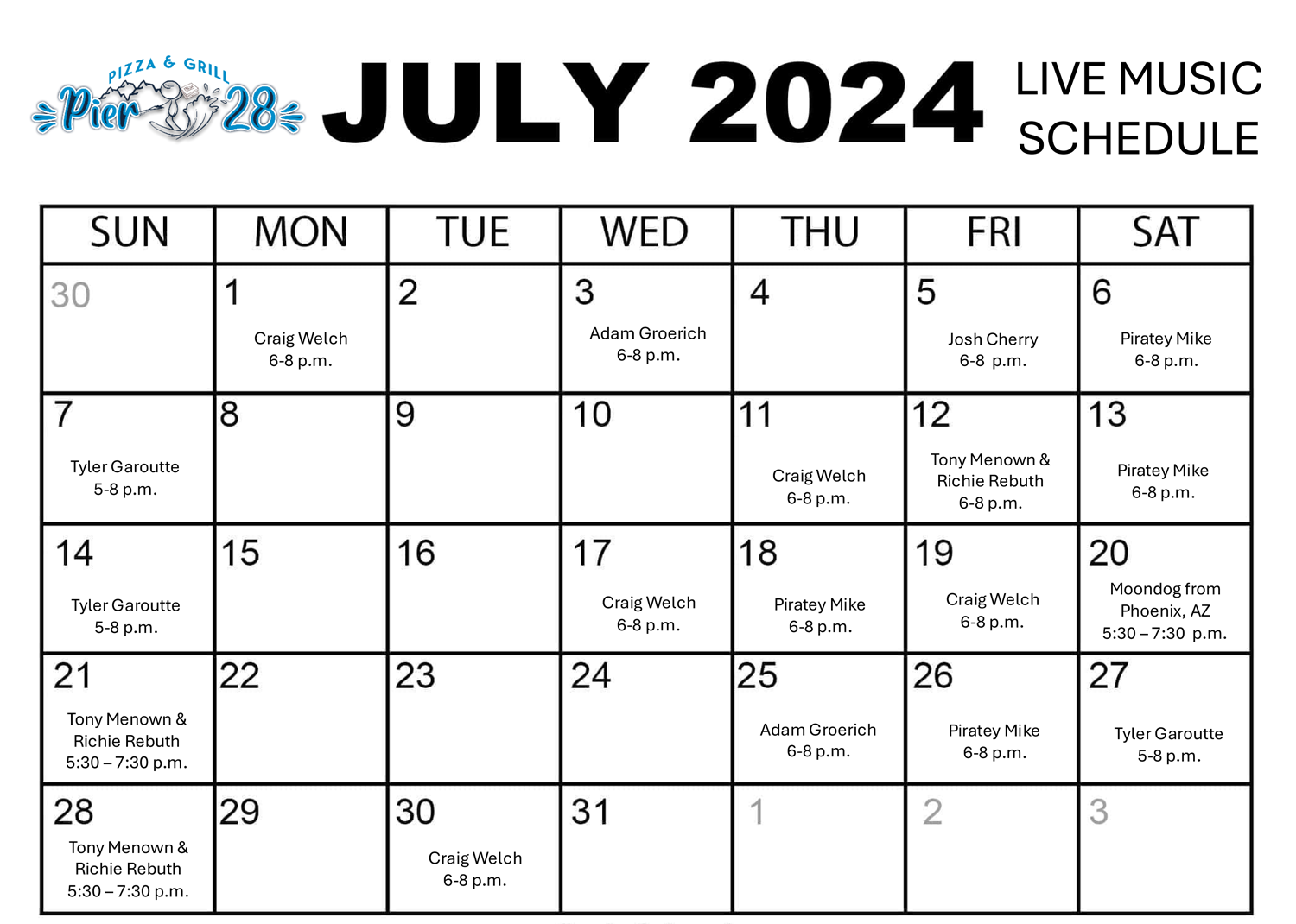 Pier 28 table rock lake July live music schedule